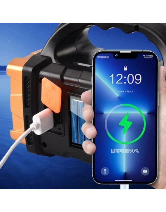 ®  Solar ve USB Şarjlı LED + COB El Feneri | 1500 mAh Şarjlı Taşınabilir Çalışma Işığı–Su Geçirmez HB-2678