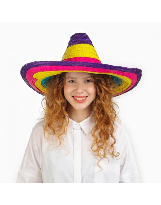 Sombrero Meksika Şapkası Renkli Örme Hasır Çocuk Boy