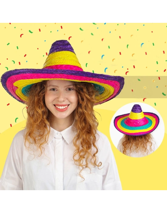 Sombrero Meksika Şapkası Renkli Örme Hasır Çocuk Boy