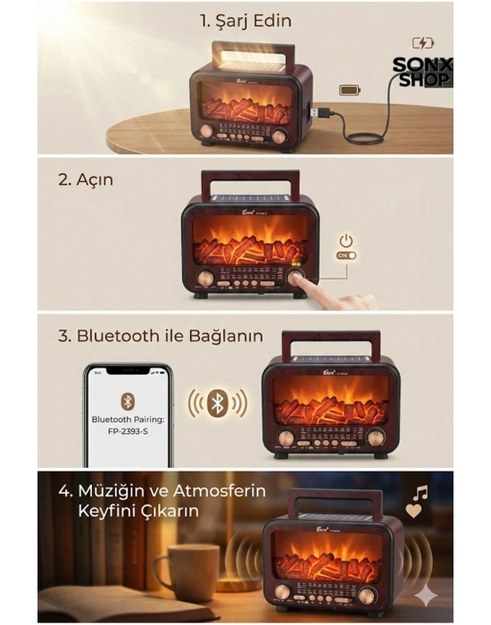 ® Şömine Alev Efektli  Bluetooth Hoparlör Radyo – Güneş Enerjili