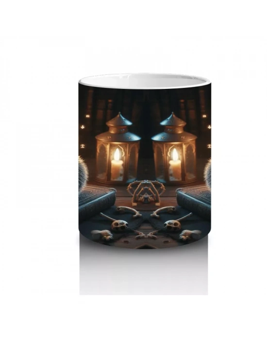 Şömine Başında Kitap Okuyan Cadı Figürlü Sıcak Cadılar Bayramı Baskılı Kupa Bardak