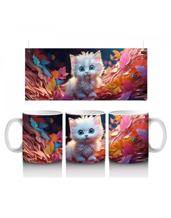 Sonbahar Yaprakları Arasında Mavi Gözlü Kedi – Baskılı Kahve Kupası