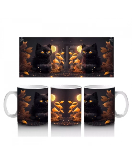 Sonbahar Yaprakları Arasında Siyah Kedi Çifti – Baskılı Kahve Kupası