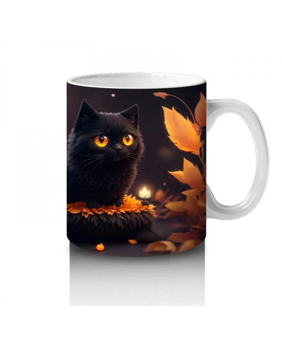 Sonbahar Yaprakları Arasında Siyah Kedi Çifti – Baskılı Kahve Kupası