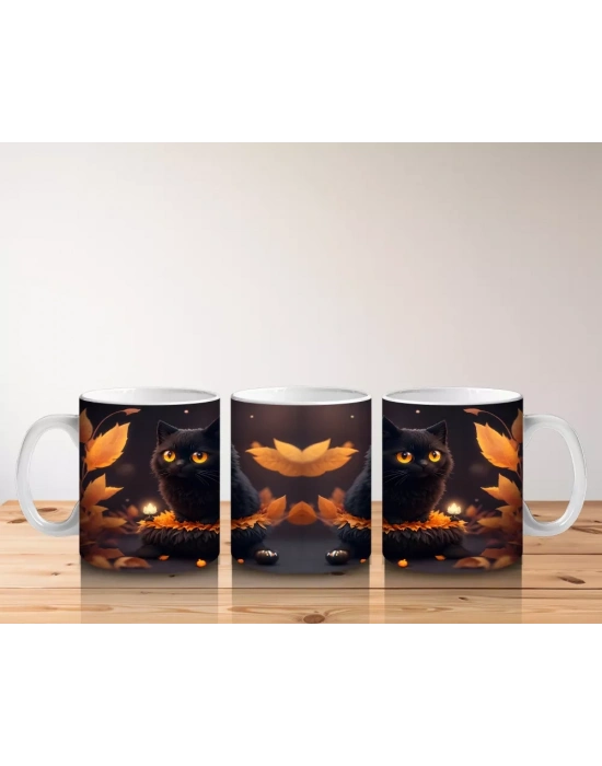 Sonbahar Yaprakları Arasında Siyah Kedi Çifti – Baskılı Kahve Kupası