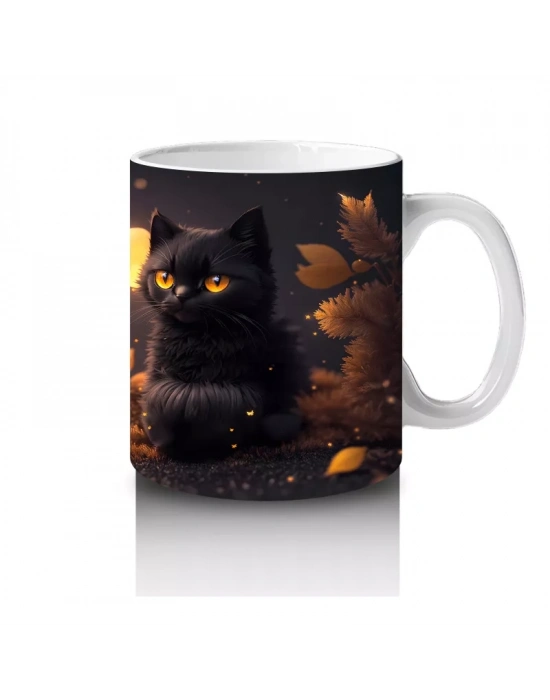 Sonbahar Yaprakları Arasında Siyah Kedi Çifti – Baskılı Kahve Kupası