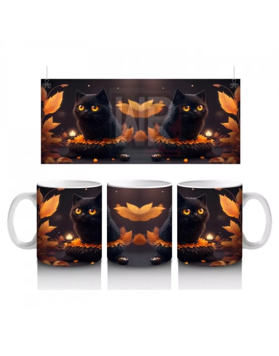 Sonbahar Yaprakları Arasında Siyah Kedi Çifti – Baskılı Kahve Kupası