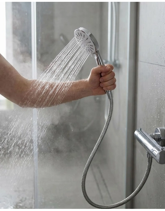 Spiral Hortumlu 4 Kademeli Krem El Duşu Başlığı Banyo Duş Seti