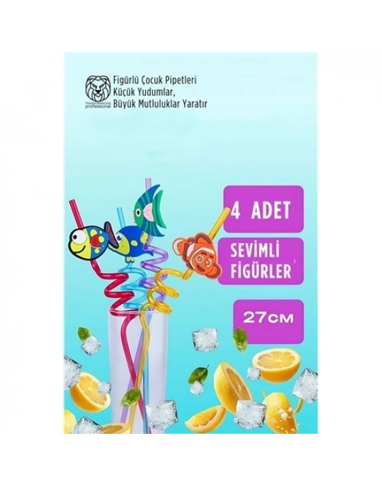 Spiralli Figürlü Lüks Çocuk Pipet Seti - 27cm Eğlenceli Karakterli 4lü Özel Seri