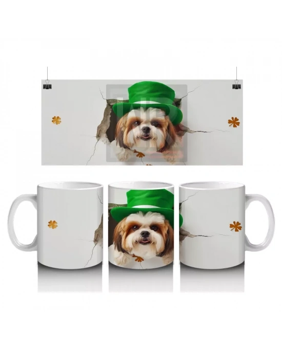St. Patrick Şapkalı Bıyıklı Sevimli Köpek – Baskılı Kahve Kupası
