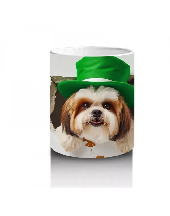 St. Patrick Şapkalı Bıyıklı Sevimli Köpek – Baskılı Kahve Kupası