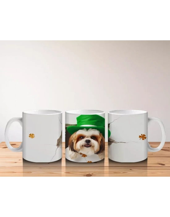 St. Patrick Şapkalı Bıyıklı Sevimli Köpek – Baskılı Kahve Kupası