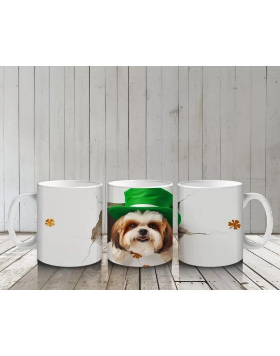 St. Patrick Şapkalı Bıyıklı Sevimli Köpek – Baskılı Kahve Kupası