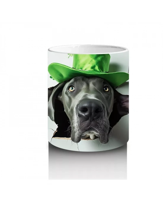 St. Patrick Şapkalı Gri Büyük Irk Köpek – Baskılı Kahve Kupası
