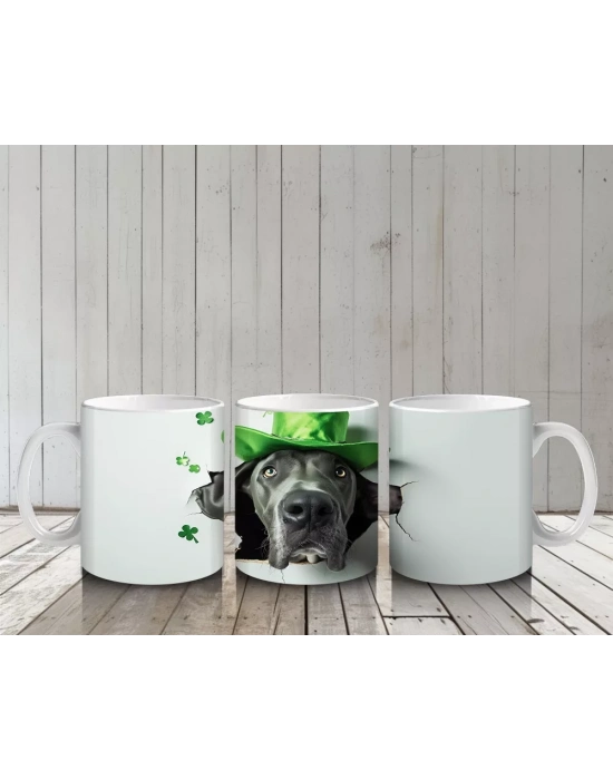 St. Patrick Şapkalı Gri Büyük Irk Köpek – Baskılı Kahve Kupası