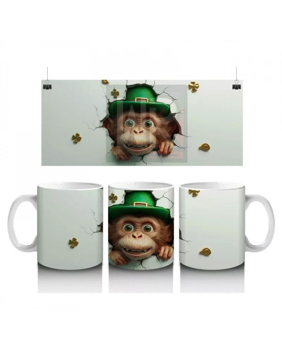 St. Patrick Şapkalı Gülümseyen Maymun – Baskılı Kahve Kupası