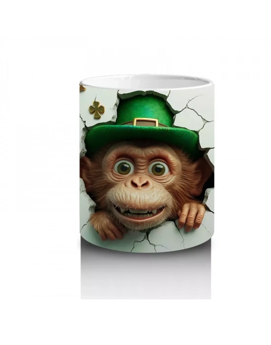 St. Patrick Şapkalı Gülümseyen Maymun – Baskılı Kahve Kupası