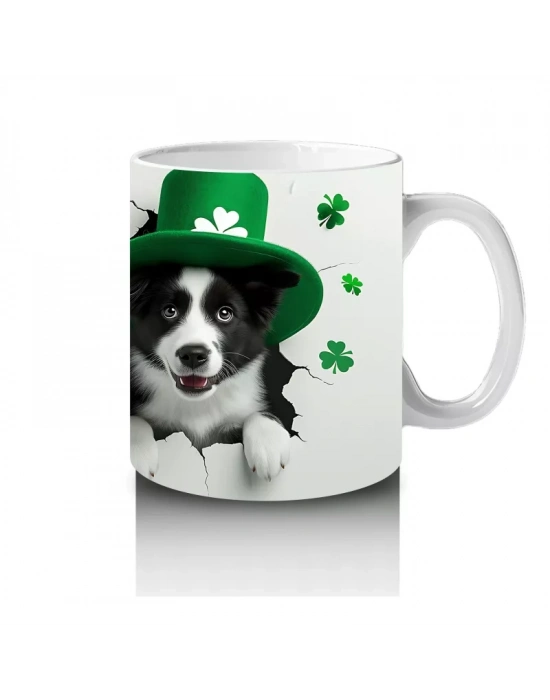 St. Patrick Şapkalı Siyah Beyaz Yavru Köpek – Baskılı Kahve Kupası