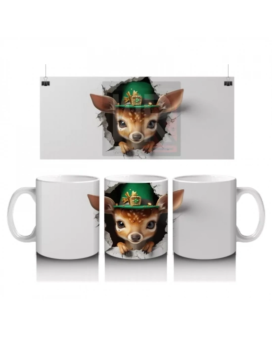 St. Patrick Şapkası Takmış Sevimli Geyik Yavrusu – Duvarı Delen 3D Kupa Tasarımı
