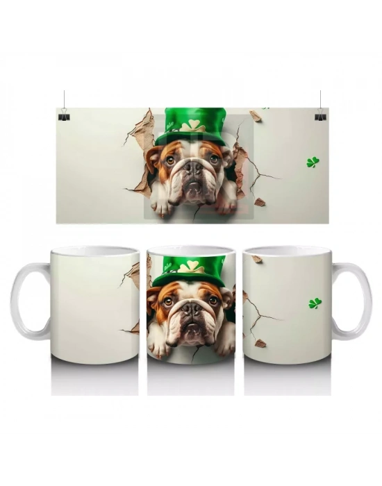 St. Patrick Şapkasıyla Çatlakta Bulldog – Baskılı Kahve Kupası