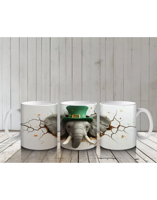 St. Patrick Şapkasıyla Fil Figürü – Baskılı Kahve Kupası