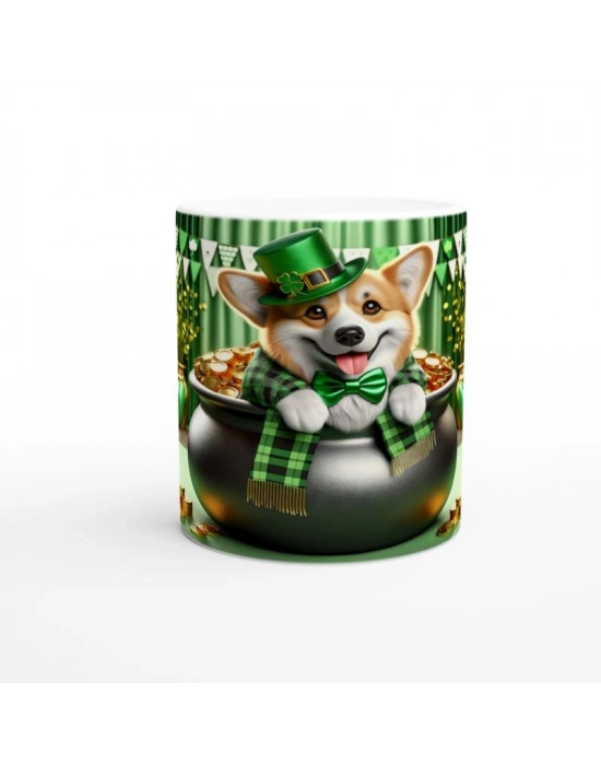 St. Patrick Şapkasıyla Gülümseyen Corgi Temalı Baskılı Kupa Bardak