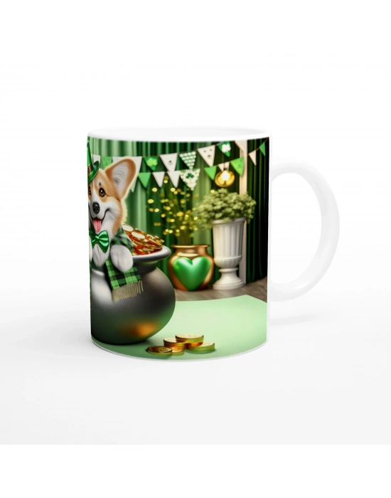 St. Patrick Şapkasıyla Gülümseyen Corgi Temalı Baskılı Kupa Bardak
