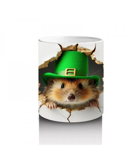 St. Patrick’s Şapkalı Sevimli Kirpi Tasarımı - Baskılı kahve kupası