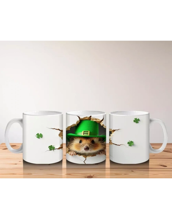 St. Patrick’s Şapkalı Sevimli Kirpi Tasarımı - Baskılı kahve kupası