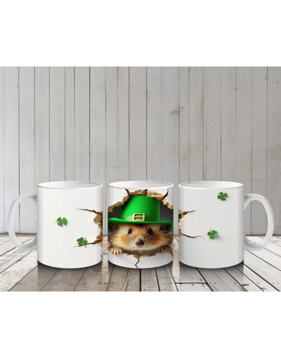 St. Patrick’s Şapkalı Sevimli Kirpi Tasarımı - Baskılı kahve kupası