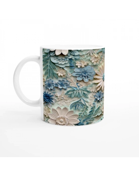 Su Yeşili ve Buz Mavisi Kağıt Kıvrımı Çiçek Desenli Kupa Bardak