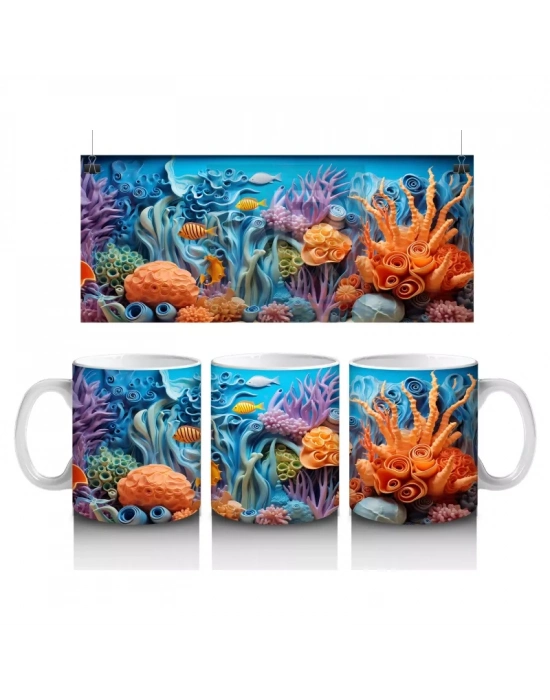 Sualtı Dünyasında Renkli Mercanlar ve Balıklar – Baskılı Kahve Kupası