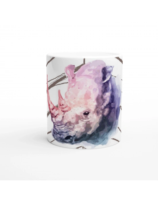 Suluboya Gergedan İllüstrasyonu Temalı Baskılı Kupa Bardak