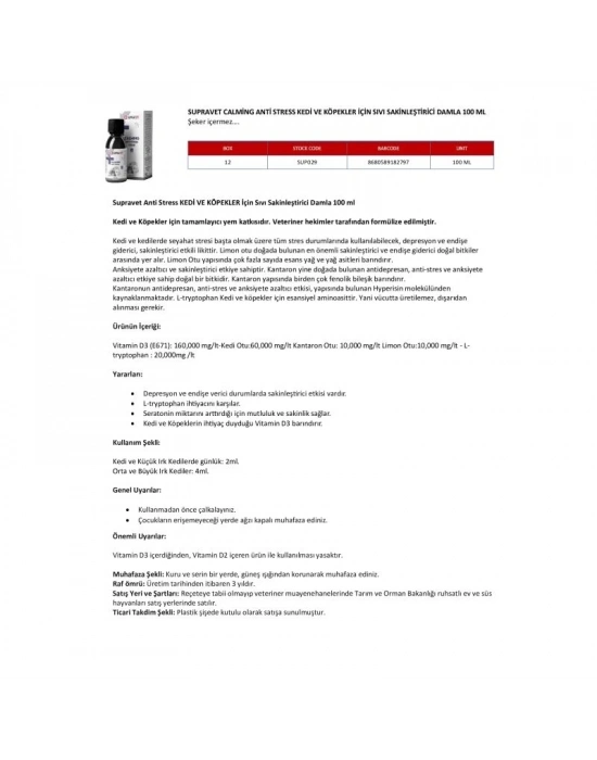 Supravet Calming Anti Stress Kedi ve Köpekler için Sıvı Sakinleştirici Damla 100 Ml