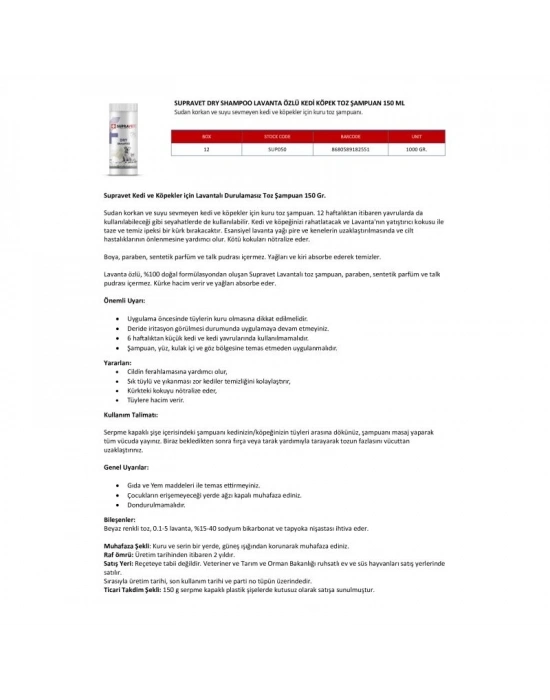 Supravet Dry Shampoo Lavanta Özlü Kedi ve Köpek Toz Şampuan 150 Ml