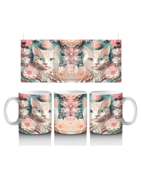 Süslemeli Fon Üzerinde Ayna Yansımalı Kediler – Baskılı Kahve Kupası