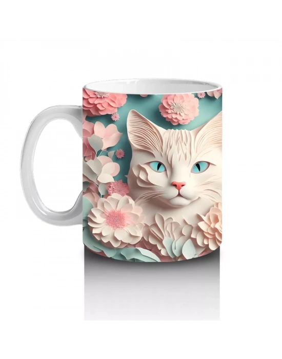 Süslemeli Fon Üzerinde Ayna Yansımalı Kediler – Baskılı Kahve Kupası