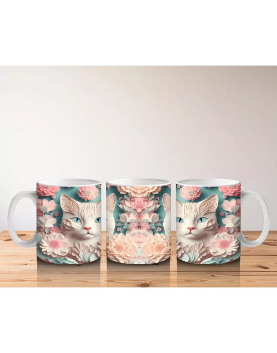 Süslemeli Fon Üzerinde Ayna Yansımalı Kediler – Baskılı Kahve Kupası