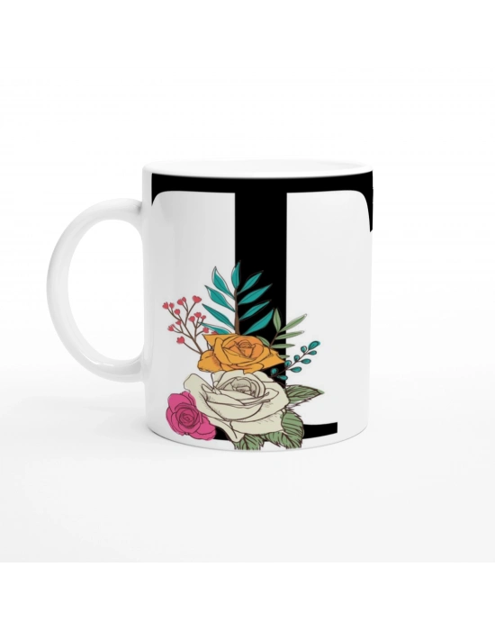 T Harfi Çiçek Desenli Harfli Kupa Bardak