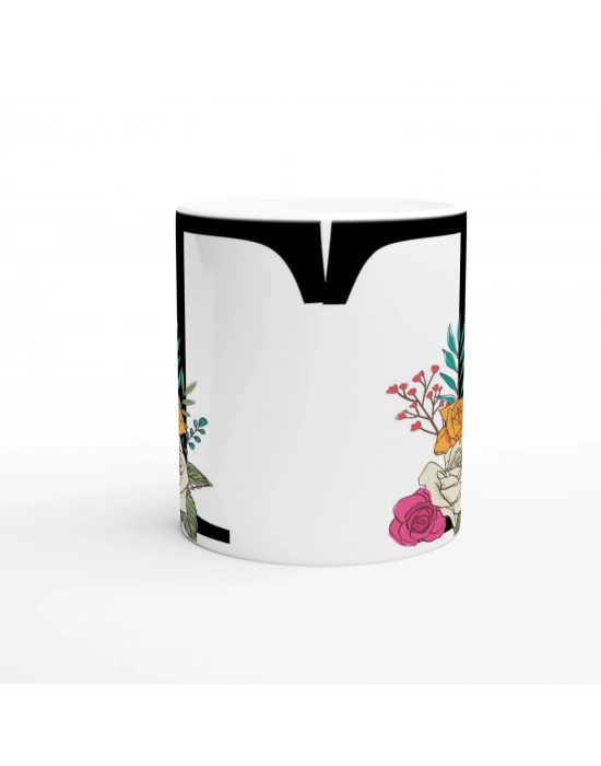 T Harfi Çiçek Desenli Harfli Kupa Bardak