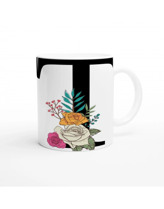 T Harfi Çiçek Desenli Harfli Kupa Bardak