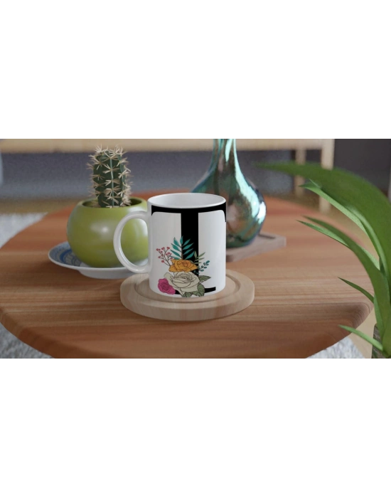 T Harfi Çiçek Desenli Harfli Kupa Bardak