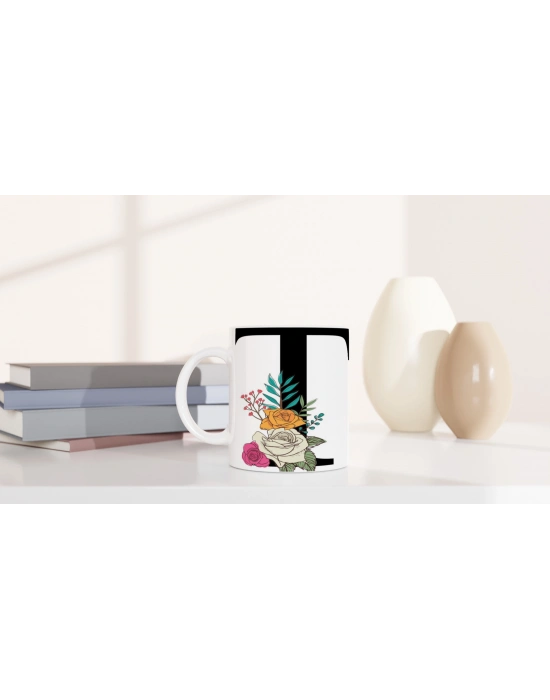 T Harfi Çiçek Desenli Harfli Kupa Bardak