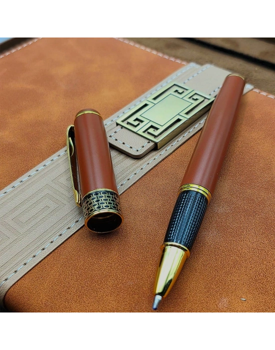 Taba Rengi Termo Deri Defter Ve Metal Roller Kalem Seti