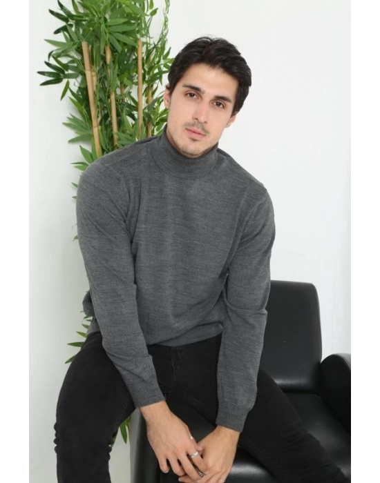 Tam Boğazlı Balıkçı Yaka Dokuma Triko - Füme -