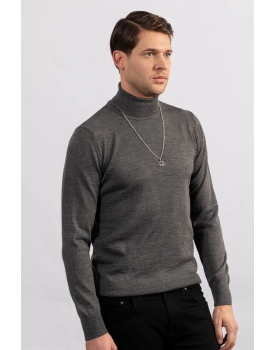 Tam Boğazlı Balıkçı Yaka Dokuma Triko - Füme -