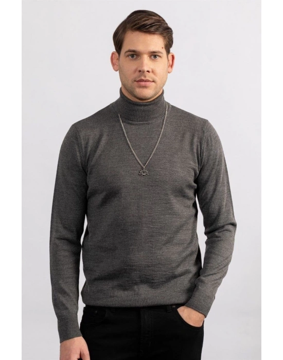 Tam Boğazlı Balıkçı Yaka Dokuma Triko - Füme -