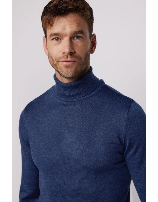 Tam Boğazlı Balıkçı Yaka Dokuma Triko - İndigo