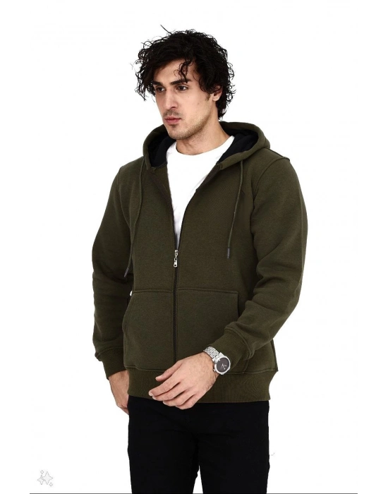 Tam Fermuarlı Kapşonlu  SweatShirt - Haki -
