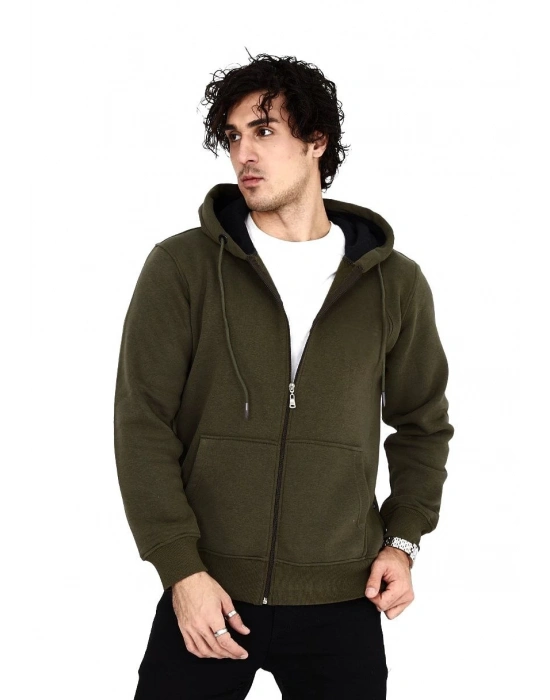 Tam Fermuarlı Kapşonlu  SweatShirt - Haki -